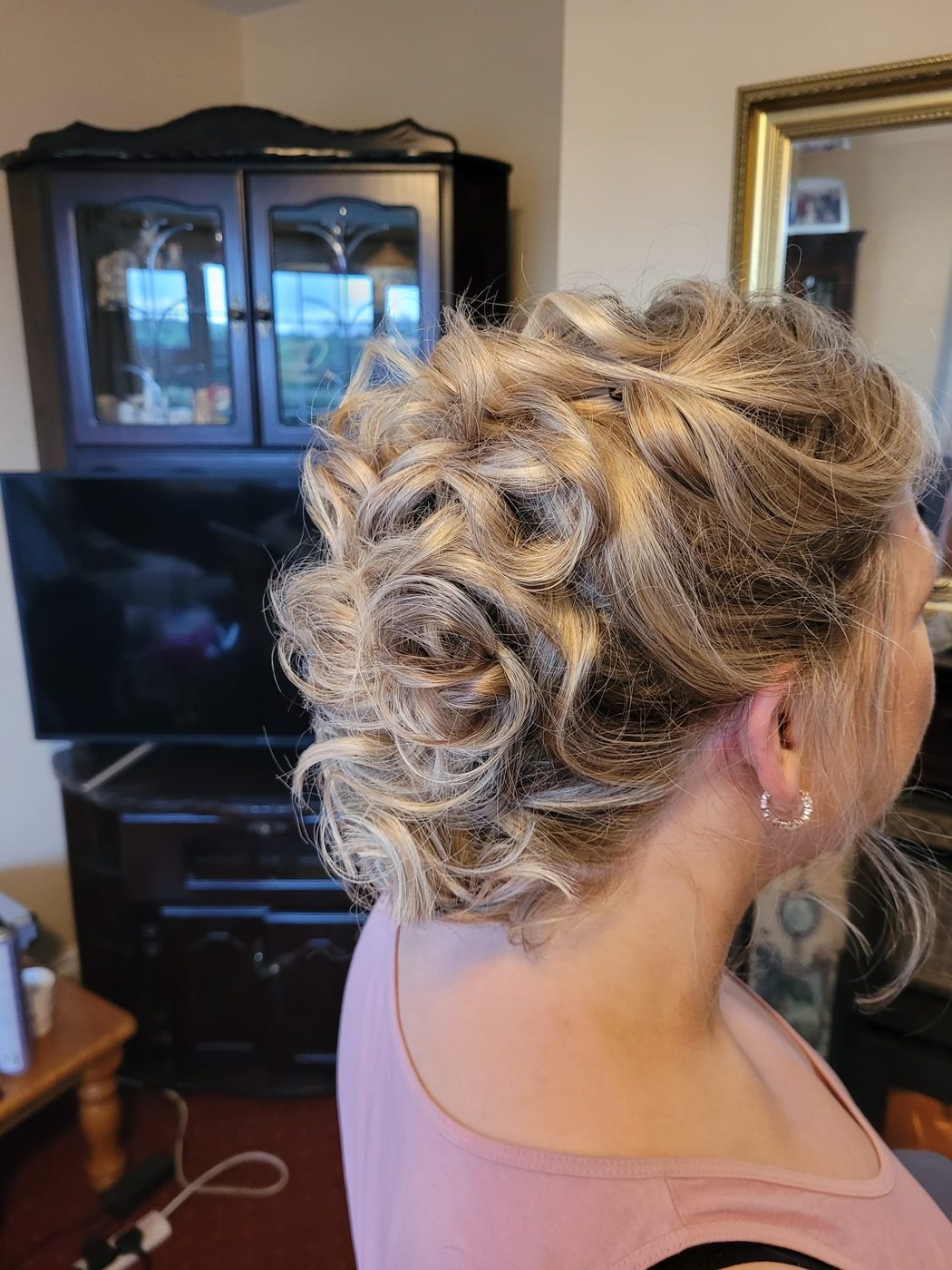 Blonde curly bridal updo, dressed and finished at INCH Hair Design
